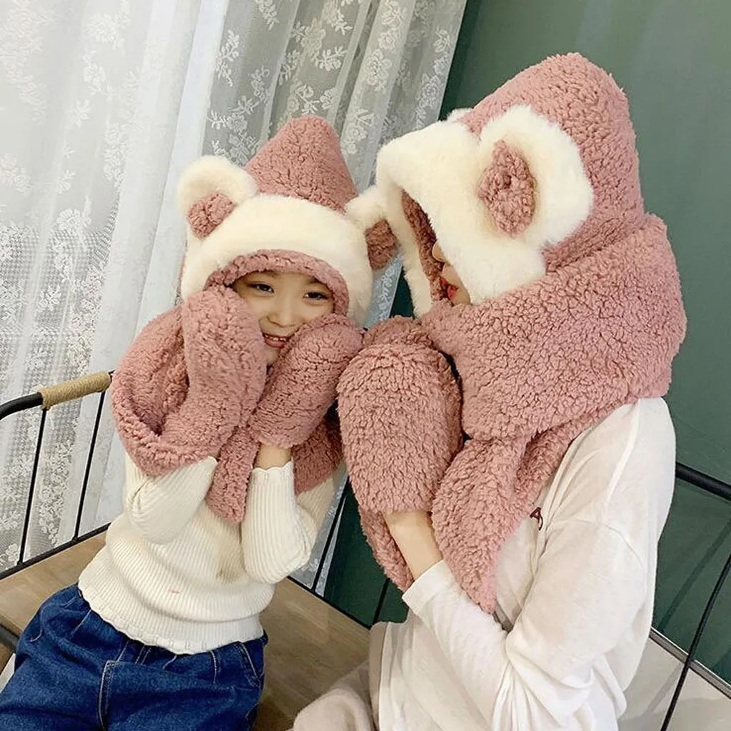 Спальное место# W401 3 в 1 женская шапка зимняя теплая плюшевая с капюшоном шарф с ушками снуд карманные перчатки Толстая шапка женская