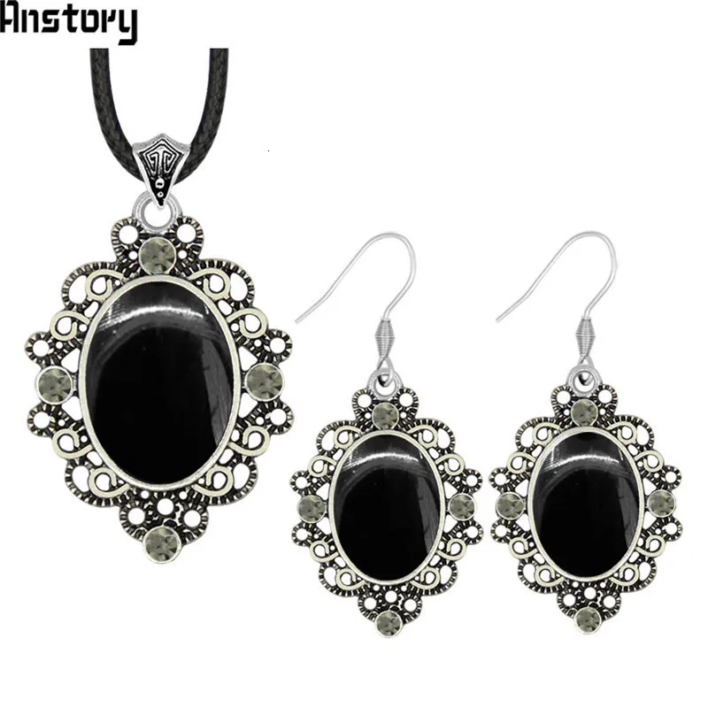 Oval Vintage Stone Jewelry Set Crystal Necklace Earrings Hollow Flower Antique Silver Plated Fashion Jewelry For Woman TS475