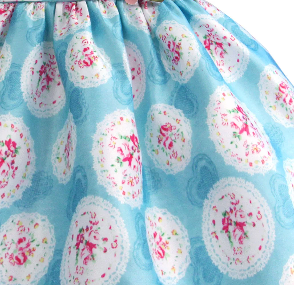Zoeflower2019 New Style Garland Printed Girls Pure Cotton Short-sleeve Dress Puffy Princess Skirt Blue