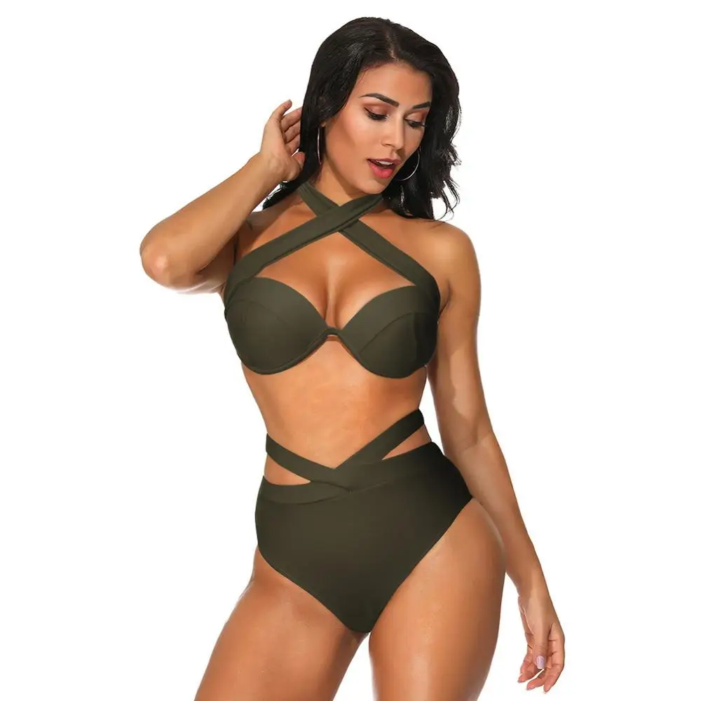 Зеленый женский сексуальный купальник Bikinihigh с высокой талией посадкой из двух