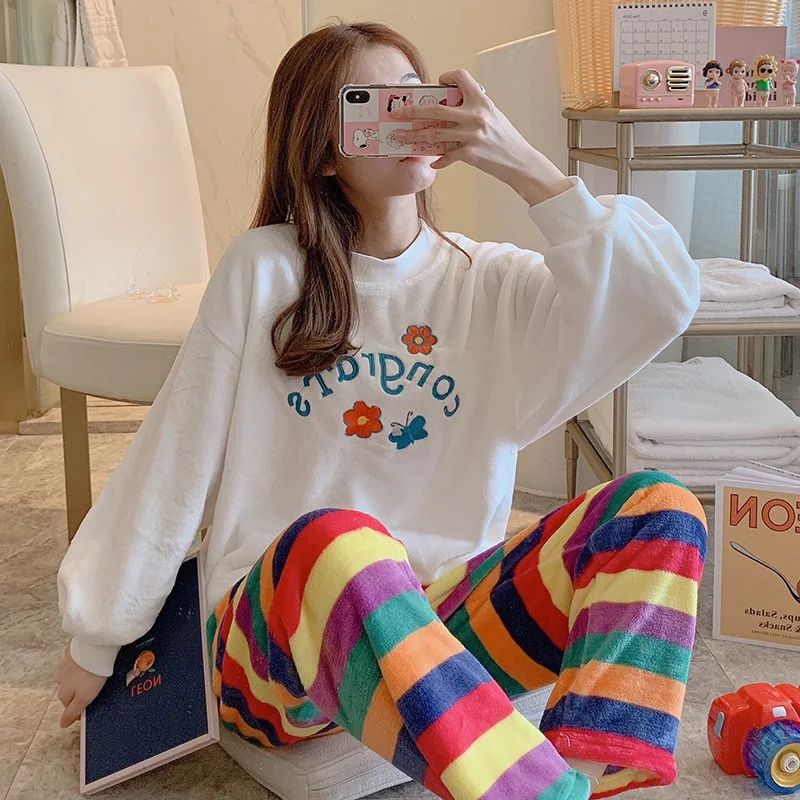 

Warm Pajamas Women's Thick Flannel Cute Sweet Stripes Article Rainbow Korean-style GIRL'S Coral Velvet Tracksuit