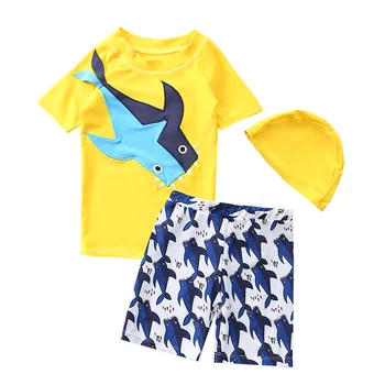 

New boys' 3pcs swimwear Korean baby shark swimsuit Kids children's fast drying sunscreen bathing cap Beach wear YZN20002