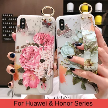 Funda de teléfono suave con correa de muñeca de flores Vintage para Huawei Honor Mate 10 20 30 P10 P20 P30 Pro Lite Nova 5 5i 3 3i 3e 4 4e 2S