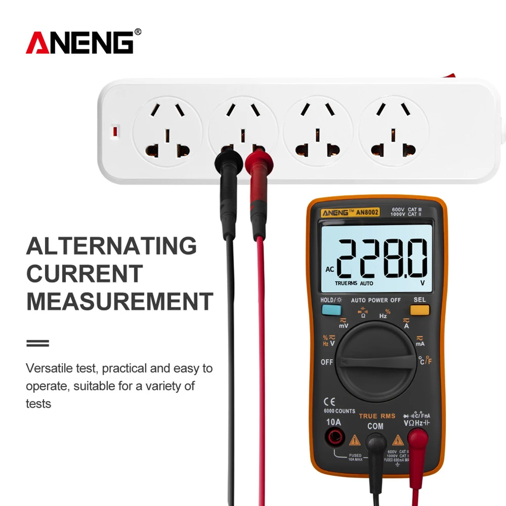 AN8002 Digital Multimeter 6000 Counts Backlight AC/DC Ammeter Voltmeter Ohm Alligator Clip Jumper Wire Test Lead