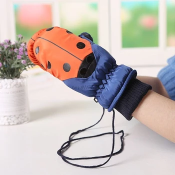 

Toddler Kids Cute Ladybird Dot Print Winter Gloves with String Thicken Plush Lined Contrast Color Snow Ski Outdoor Warm Mittens