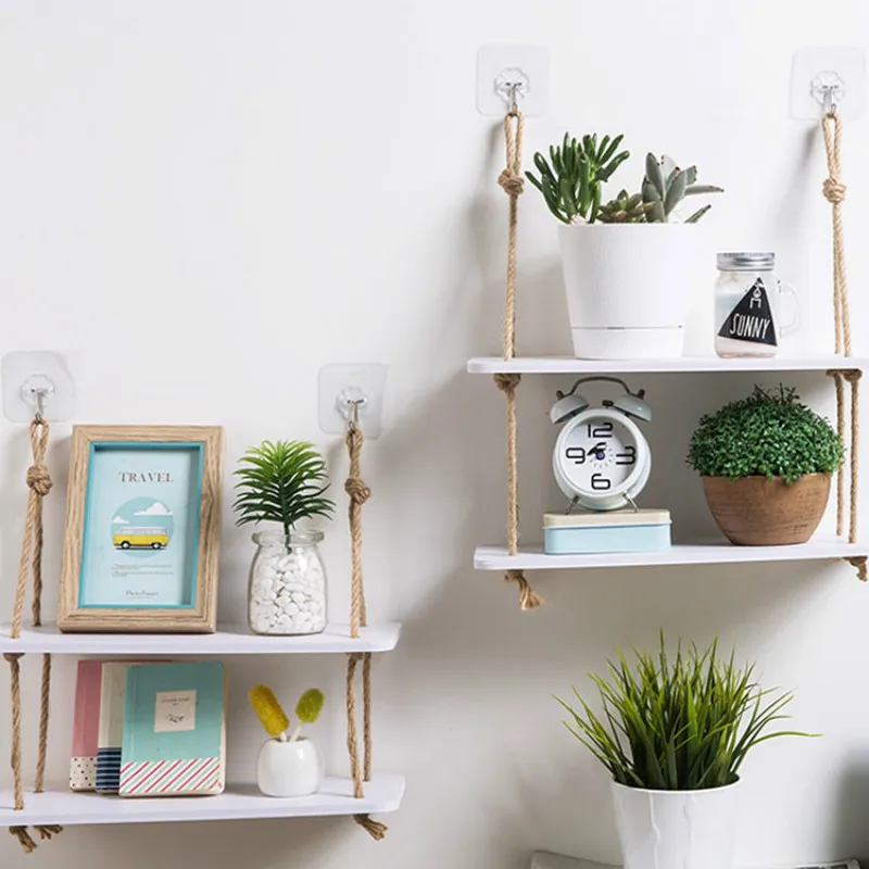 

Hemp rope double wall partition wall decoration shelf living room bedroom wall shelf without perforation LM7261631