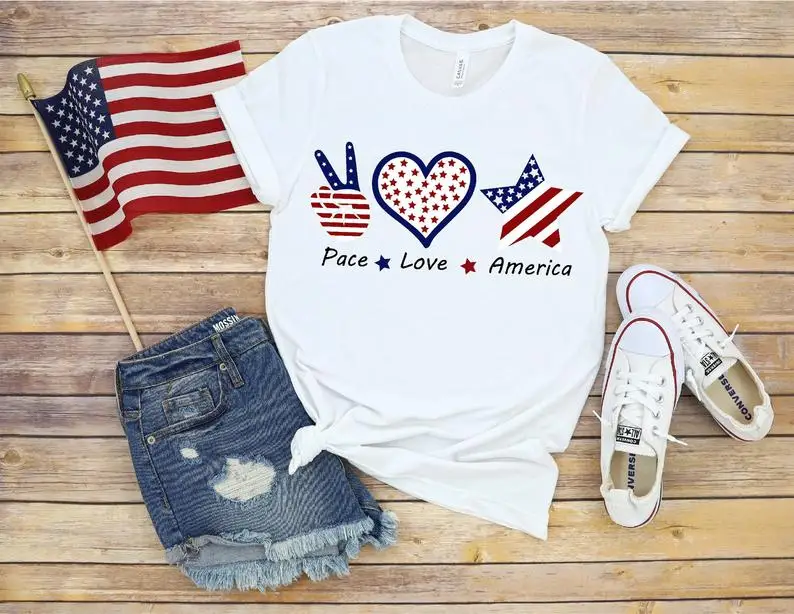 

Peace Love USA FLAG 4th Of July Independence Day Shirt Streetwear Unisex Short Sleeve Top Tees Fashion 100% Cotton O Neck goth