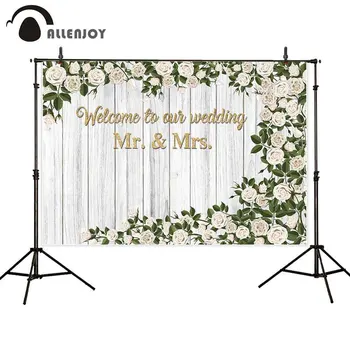 

Allenjoy Welcome to Our Wedding Backdrops White Floors Flowers Leaves Celebration Event Banner Romantic Party Wallpaper Supplies