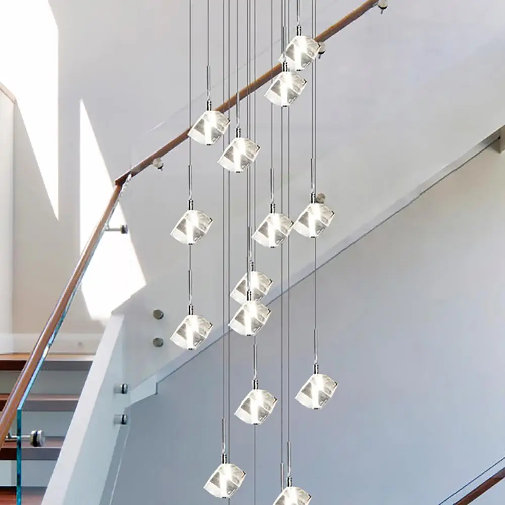 YOOGEE Minimalist Chandeliers Stair Chandelier Square Crystal LED Loft Hanging Lamp Modern Designer Cristal Lights Lustre