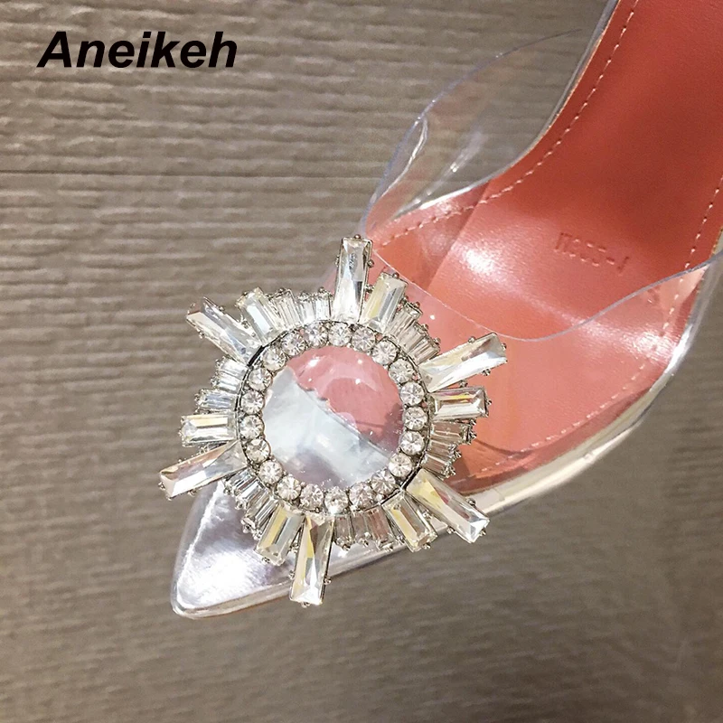Aneikeh стразы; женские босоножки из ПВХ с подсолнухами; обувь на высоком каблуке с острым носком; женские прозрачные туфли-лодочки с ремешком сзади