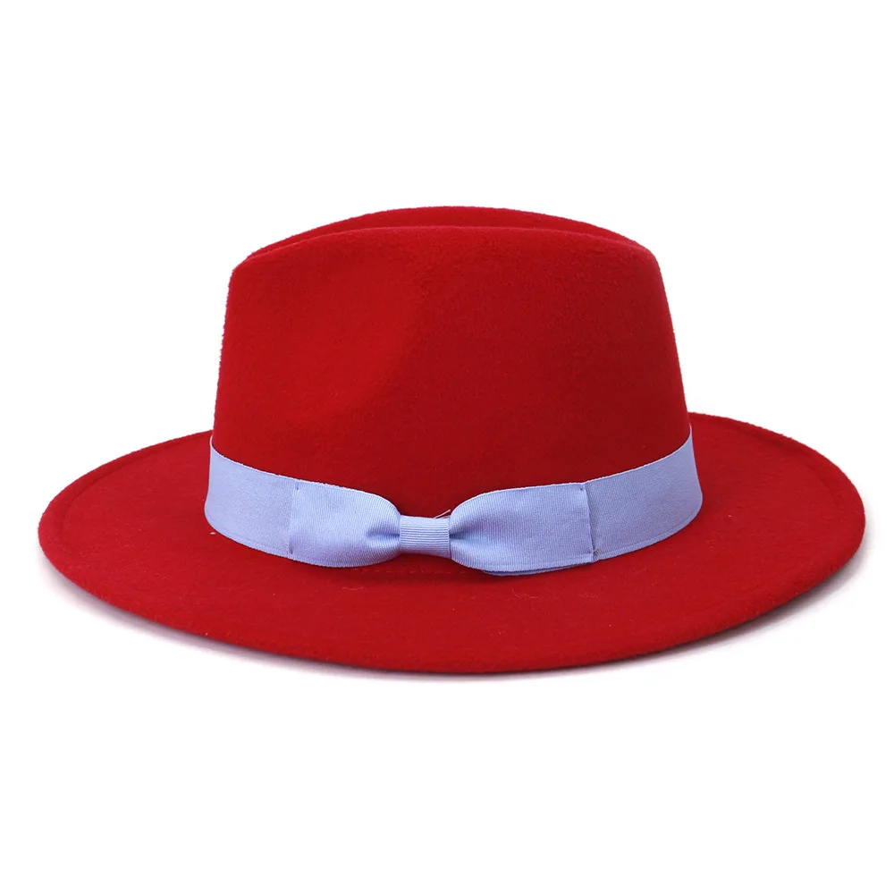 Free shipping Simple classic red jazz top hat women wide-brimmed bow fedora hat autumn and winter ladies elegant panama hat short brim fedora Fedoras