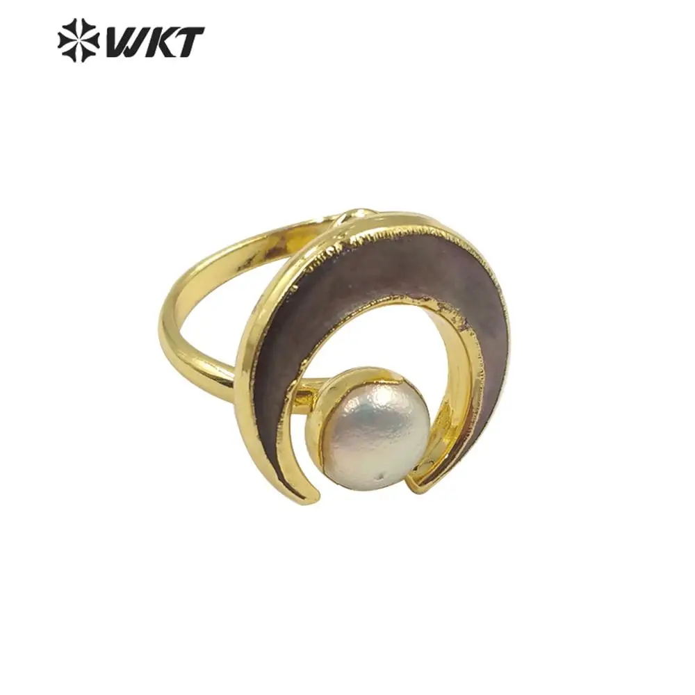 WT-R344 WKT кольцо с натуральным жемчугом кольцо в виде ракушки кольцо в форме Луны жемчуг и раковина Золотое кольцо с гальваническим покрытием регулируемое женское модное кольцо ювелирное изделие - Цвет основного камня: a