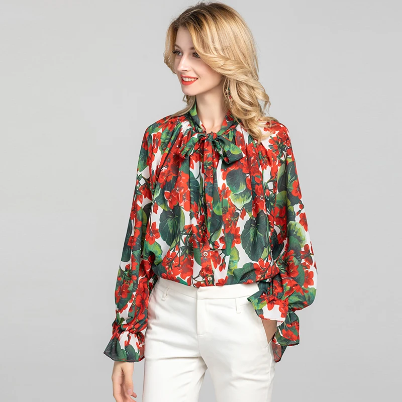 AELESEEN Runway Fashion Loose Blouse 2020 Spring Summer Elegant Bow Collar Red Floral Print Chiffon Women Shirt - 4.00067E+12