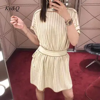 

Brand Design 2020 Summer New Vintage Knitted Bright Silk Stripe Short-sleeved Drawstring High Waist Knitted Dress Female Clothes