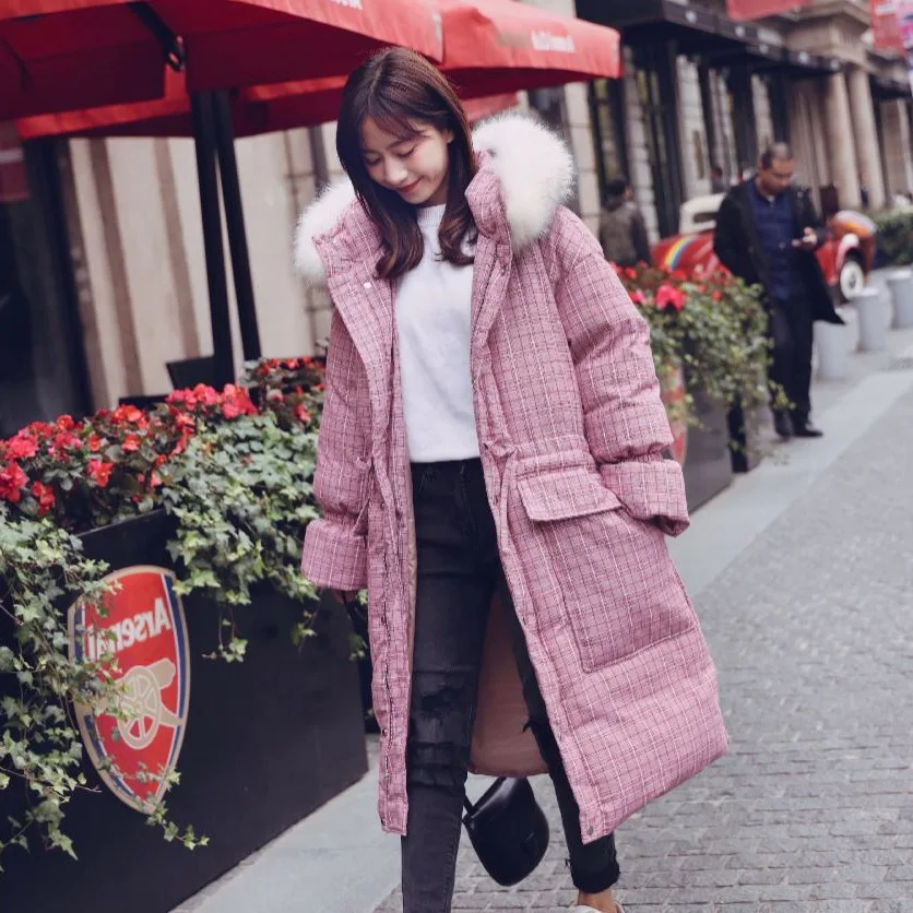 

Photo Shoot INS Sweet Plaid down Coat Hooded Large Fur Collar Back Bow Bandage Cloth Drawstring Waist Hugging Cotton-padded Clot