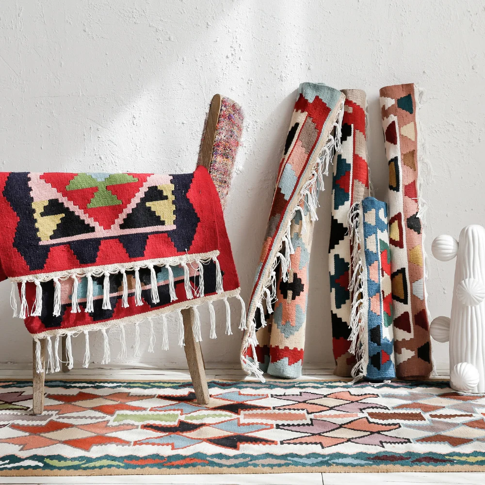 

Kilim bohemian Nordic simple modern rug wool carpet upholstery coffee table placemat weave mat tapestry
