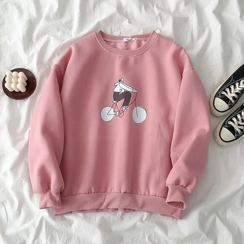 pink colour Женские толстовки с принтом; свободные плотные Повседневные пуловеры с длинными рукавами и круглым вырезом для девочек - Цвет: pink colour
