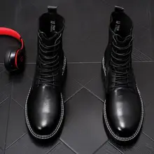 Сезон осень-зима; мужские Ботинки martin; высокие кожаные ботинки в британском стиле; модные вязаные мужские Ботильоны; ботинки в байкерском стиле; zapatos hombre