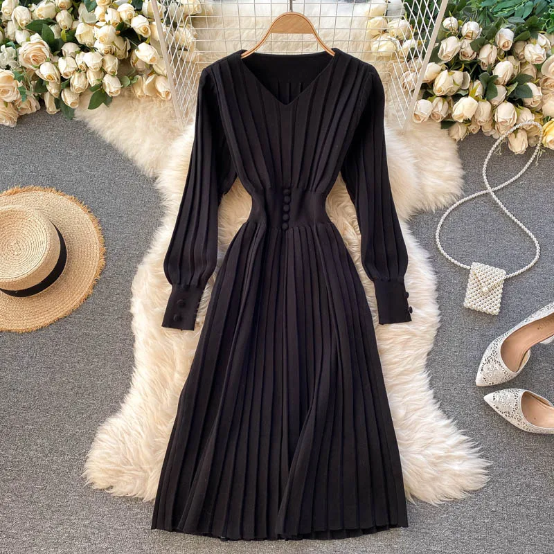 Autumn Winter Vintage Women's Knitted Dress 2020 Elegant V-Neck Temperament Long Sleeve Stripe Sweater Dress Female