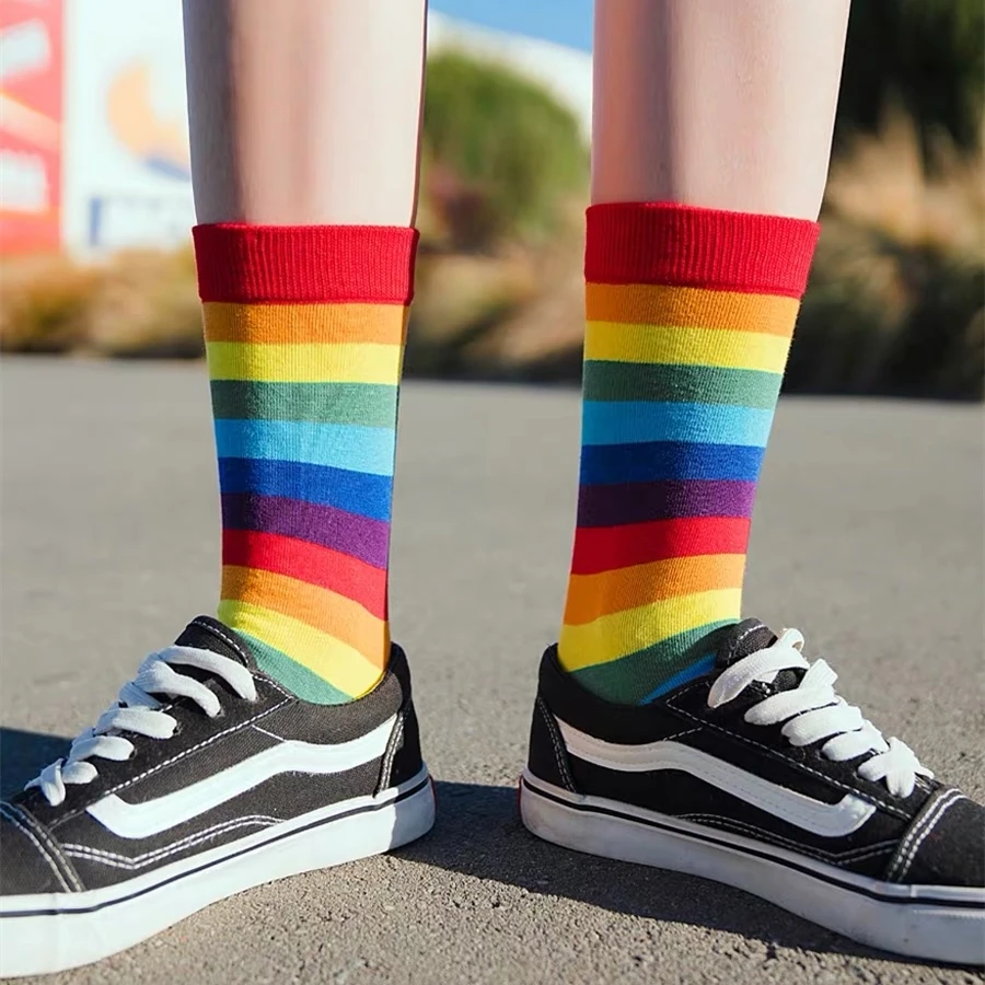 Socks Women's Rainbow Lovers Spring Summer Colorful Print Stripe Cotton Outdoor Sport  Street Harajuku Kawai Men Socks wool socks women