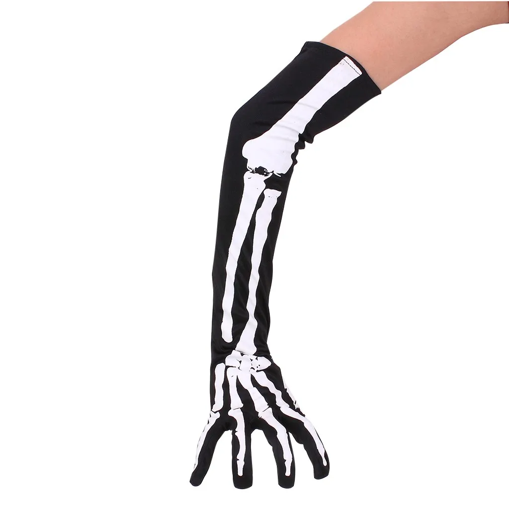 1 пара для мужчин и женщин полный палец белый скелет перчатки Хэллоуин косплей Локоть Длина привидения перчатки с костями варежки Аксессуары# L10
