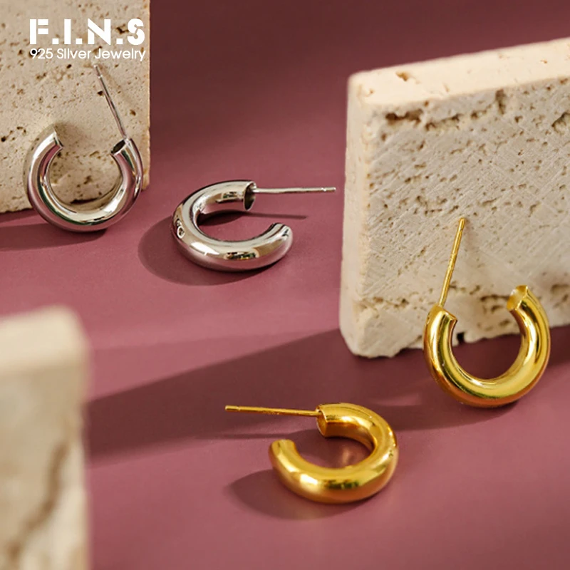 

F.I.N.S Simple S925 Sterling Silver Earrings Glossy Simple Geometric C-Shaped Tube Small Hoop Earrings Korean Fashion Jewelry