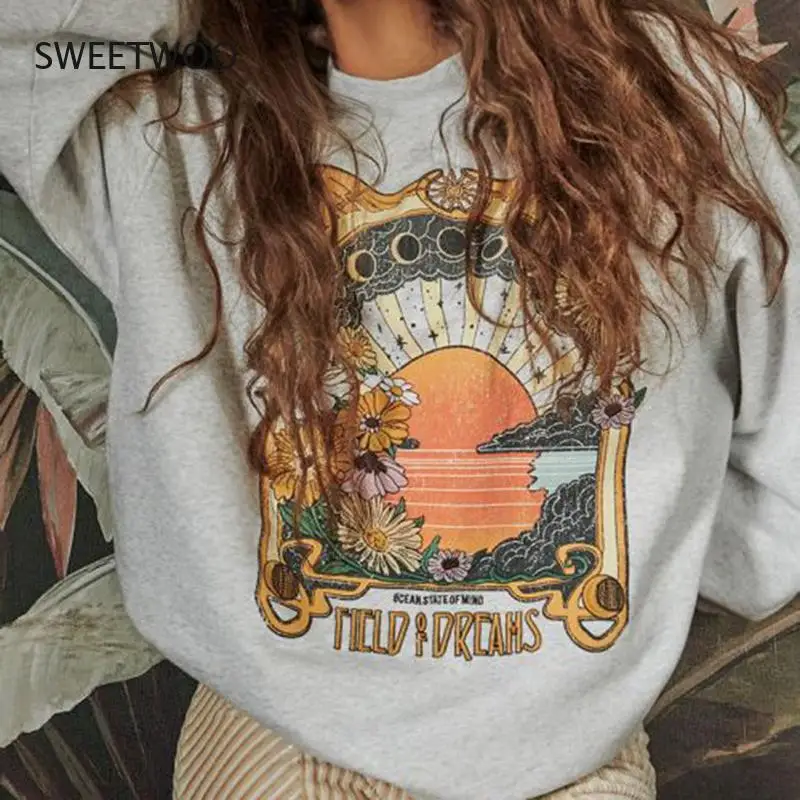 European and American New Casual Round Neck Mystery Printed Sweater Loose and Thin Design Long-Sleeved Blouse Women