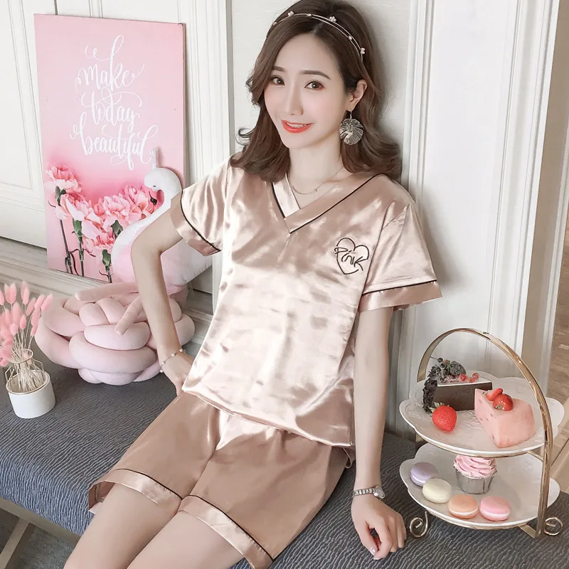 

Viscose Pajamas Women's Summer Set V-neck Short Sleeve Model Silk Two-Piece Set Thin Sexy Shorts Home Wear
