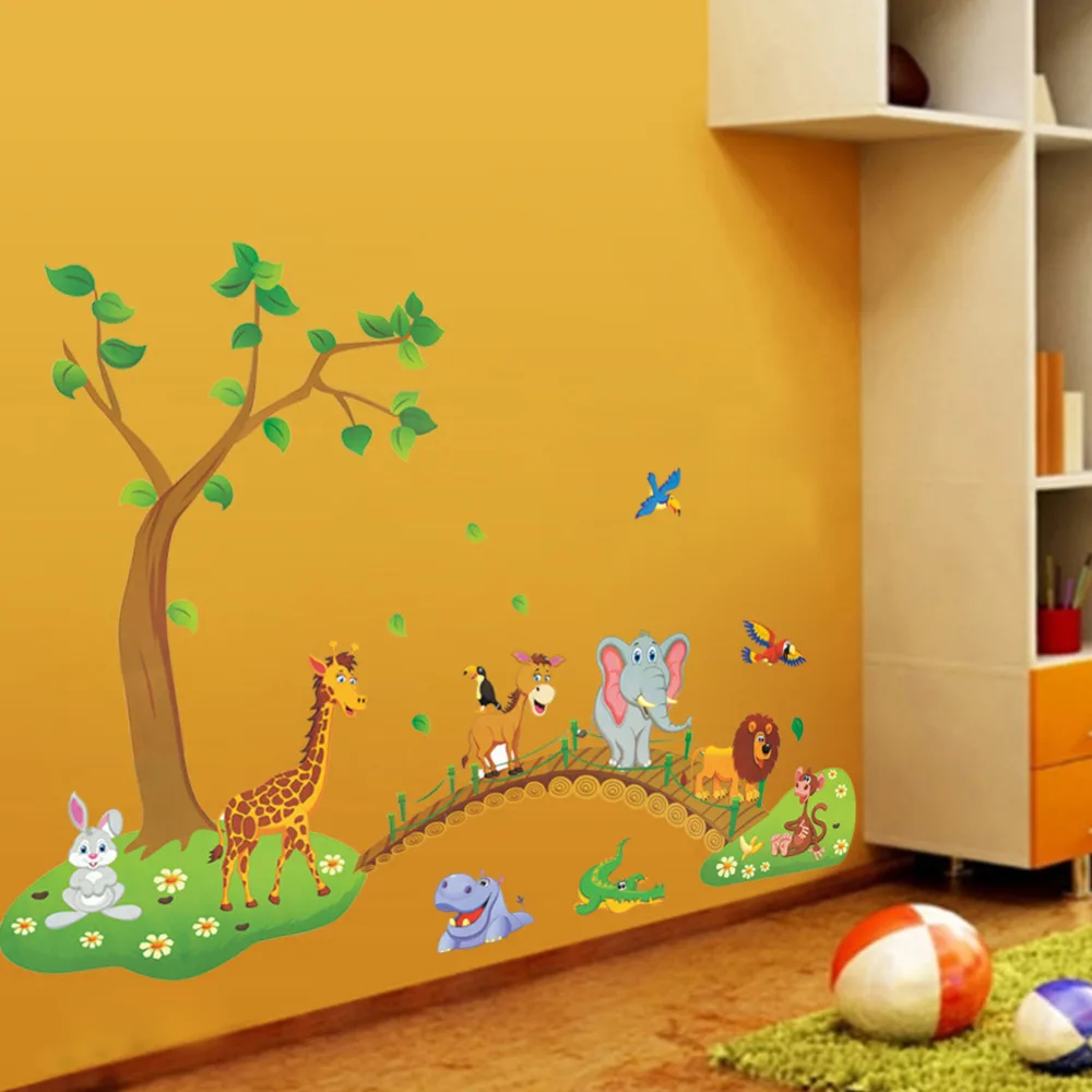 cartoon jungle wild animal tree bridge lion giraffe elephant birds flowers wall stickers for kids room living room home decor