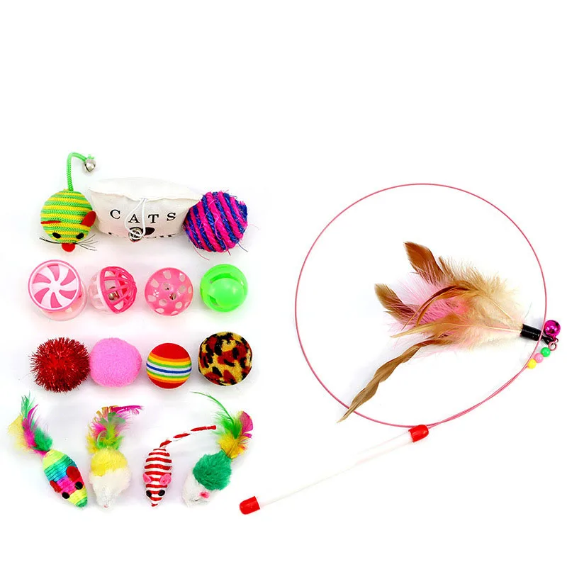 

16Pcs/Set Pet Cat Toy Set Feather Teaser Wand Catnip Toys Ball Rings Mouse Sisal Crinkle Balls Gift Cat Kitten Interactive Toys