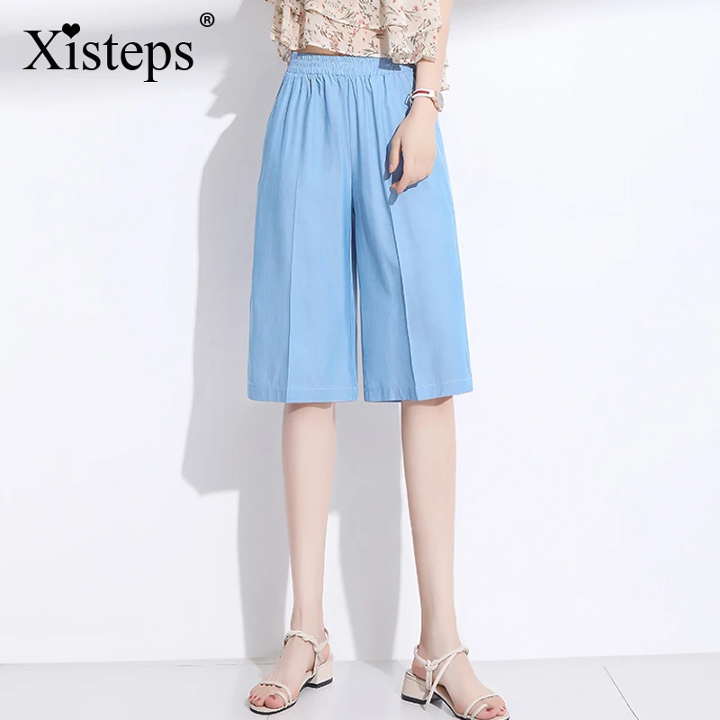 

Xisteps Women Pants Summer Elastic Waist Knee Length Thin Cool Loose Casual 2020 New Wide Leg Solid Peated Pockets Trousers