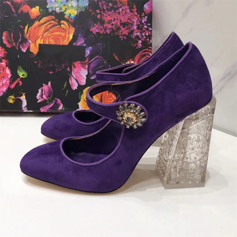 Новое поступление; женские туфли-лодочки с круглым носком; Узкие туфли mary janes Zapatos; Изящные женские туфли-лодочки на высоком квадратном каблуке из ПВХ; 43 - Цвет: Purple