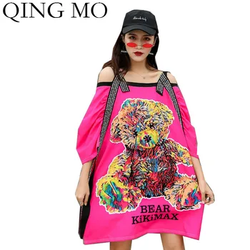 

QING MO Red Women Off Shoulder Dress 2020 Women Bear Printed Dress With Ribbon Female Rhinestone Dress ZQY3793