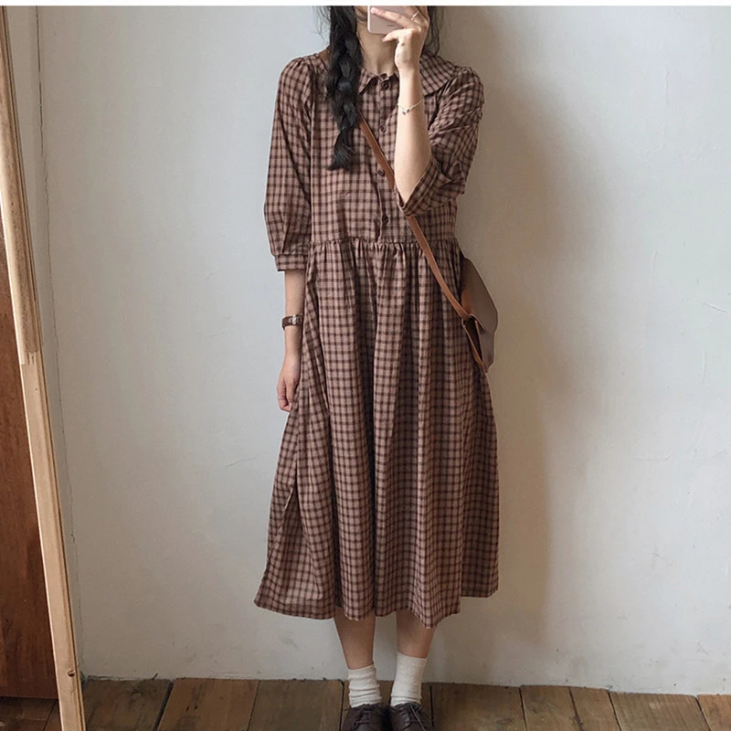 Uego Korea Design Fashion Plaid Autumn Dress Cotton Linen College Style  Mori Girl's Dress Women Casual Midi Spring Dress - Dresses - AliExpress