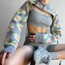 

SHENGPALAE Fashion Printed Knitted Cardigan Women's Autumn 2022 New Lapel Double Button Long Sleeve Irregular Short Sweater