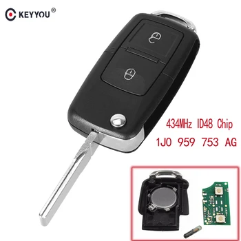 

KEYYOU 434/433MHz 2 Buttons Flip Remote Control Car Key Fob Case ID48 Chip 1J0 959 753 AG For VW Beetle Bora Golf Passat Polo
