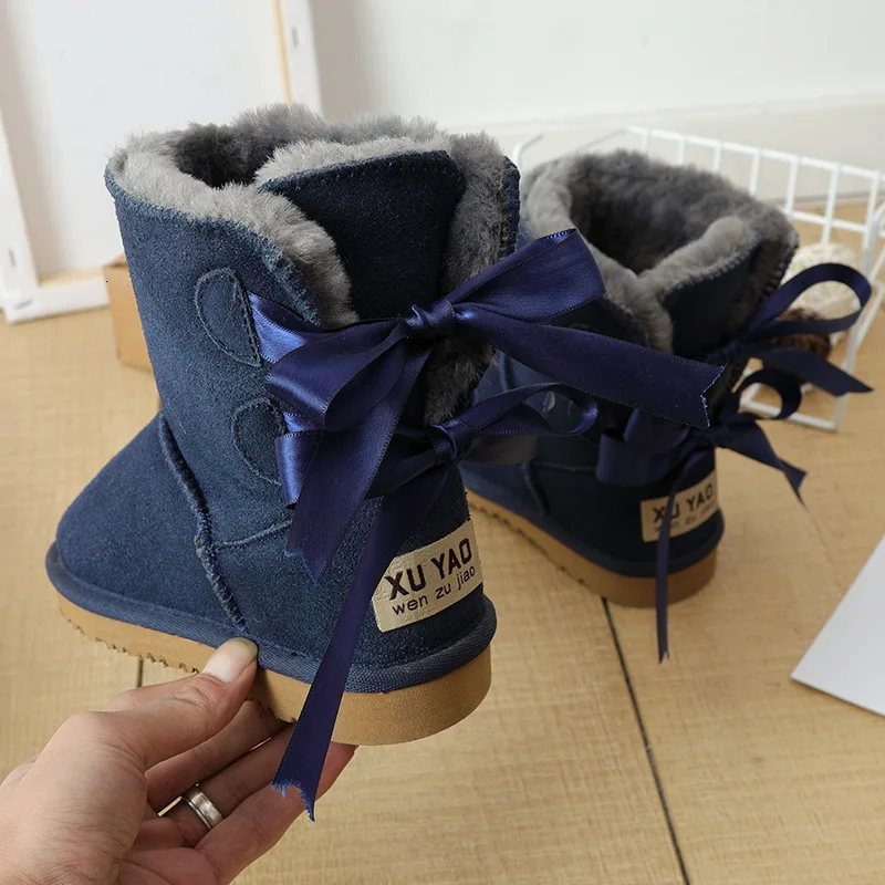 3280 Navy Blue Новые брендовые зимние меховые ботинки для маленьких девочек; Водонепроницаемая детская зимняя обувь с бантом; теплые плюшевые детские ботинки для мальчиков и девочек; ботинки для малышей - Цвет: 3280 Navy Blue