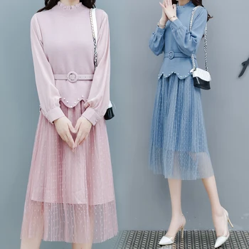 

Autumn Suit New Fashion Wear Knit Gauze Dress With Knitted Sweater Belt Long Sleeve Outfits Sweet Girl Vestido Leisure Dresses