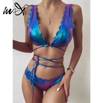 

In-X Frill bikini 2020 sexy leather swimsuit female bandage swimwear women bathers V neck biquinis bathing suit Summer beachwear