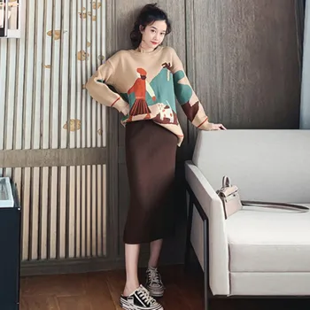 

Korean Edition 2019 Autumn Winter New Pattern Women Color Collision Knitted Pullover+Fashion Half Body Skirt 2Piece Set