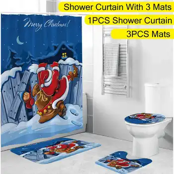 

New 1/3/4pcs Santa Merry Christmas Bathroom 180x180cm Shower Curtain Toilet Carpet Rug Lid Waterproof Floor Cover Mat