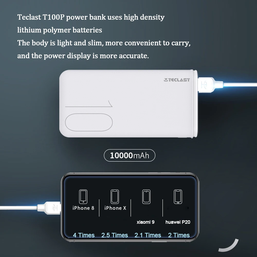 Teclast power Bank T100P 10000 мАч внешняя Мобильная батарея двойной USB 2.1A внешний аккумулятор