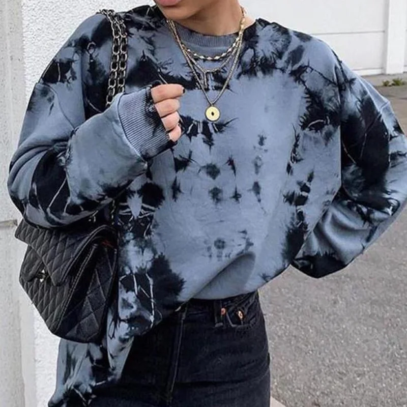 

Korean Loose Oversize Tie Dye Printed Long Sleeve O Neck Loose Sweatshirt 2020 Autumn Winter Pullovers Top S-2XL Suéter De Mujer