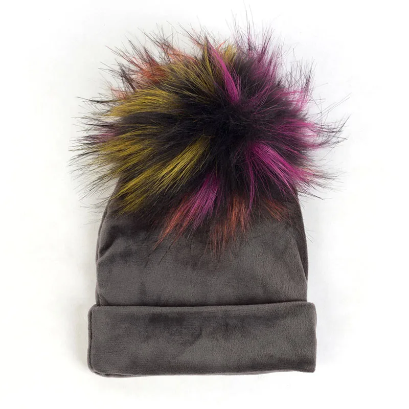 Geebro Newborn Baby Velvet Soft Thicken Beanies With Pom Pom Faux Fur Hairball Toddler Winter Warm Ear Hats Solid Color DK944 - Цвет: Dark Gray23