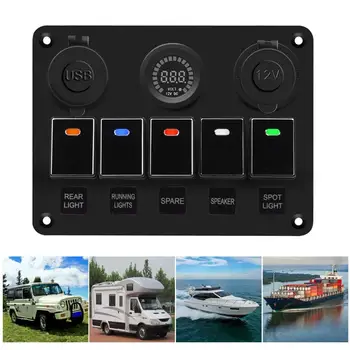 

5 Gang Car Marine Boat Digital Voltmeter QC3.0 Dual USB LED Rocker Switch Panel