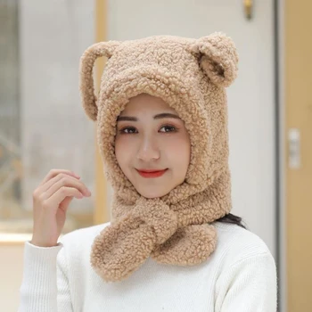 

Ear Siamese Hat Men and Women Japanese Fall/Winter Lamb Wool Short Bib Korean Cute Wild Hat Scarf One
