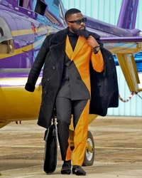 2Pcs Slim Fit Black and Yellow Patchwork Men's Suits Sets Peak Lapel Blazer Trousers Custom Made Groomsmen Wedding Party Wear 2Pcs Slim Fit Black and Yellow Patchwork Men's Suits Sets Peak Lapel Blazer Trousers Custom Made Groomsmen Wedding Party Wear