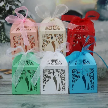 

20pcs Wedding Couple Design Luxury Lase Cut Sweets Carton Dragees Candy Gift Favour Boxes with Ribbon Chocolate Wrapping Bags