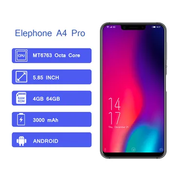 Перейти на Алиэкспресс и купить Elephone A4 Pro смартфон с восьмиядерным процессором MTK6763, восьмиядерным процессором MTK6763, ОЗУ 4 Гб, ПЗУ 64 ГБ, 3000 мАч, 5,85 дюймов, IPS HD, полный экран, моб...