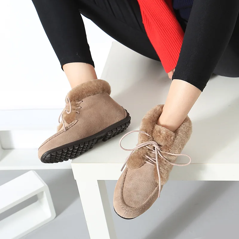 Ceny SWYIVY śniegowe buty zimowe ciepłe krowy zamszowe sznurowane mieszkania Warterproof wysokiej jakości futrzane botki duże rozmiary kobiece płaskie buty